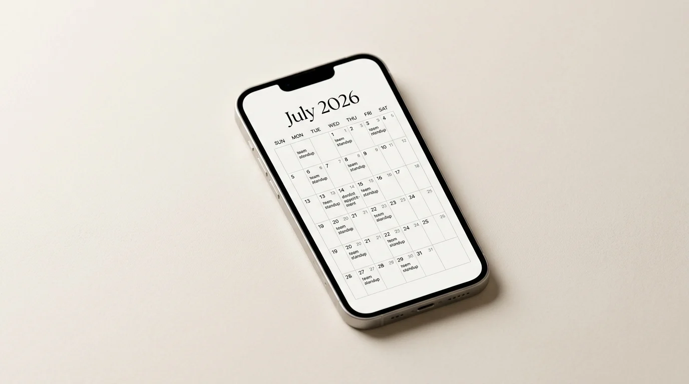 Print Calendar PDF app showing a July 2026 calendar PDF preview on iPhone