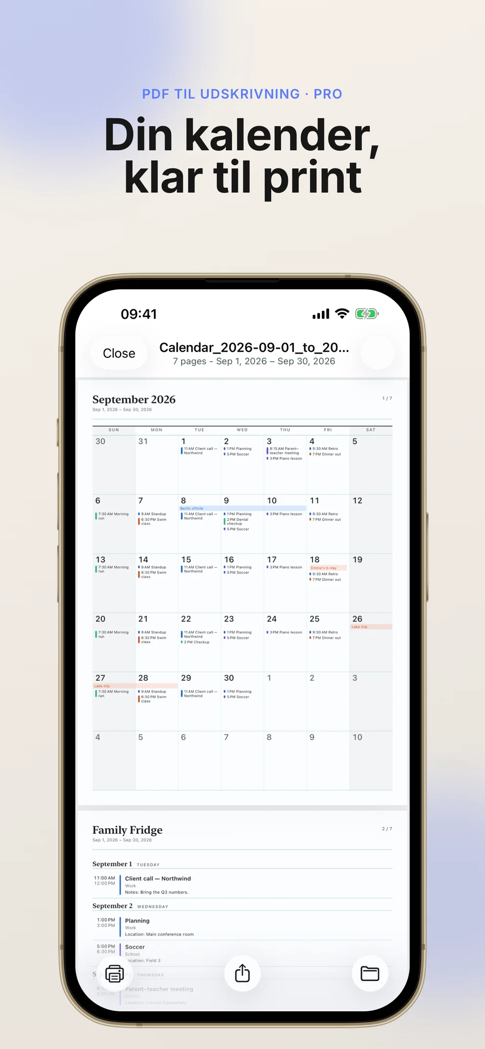 Print Calendar PDF app screenshot showing a printable calendar PDF preview