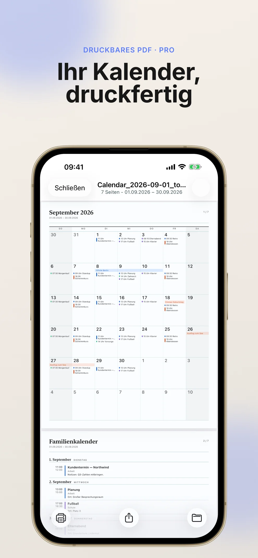 Print Calendar PDF app screenshot showing a printable calendar PDF preview