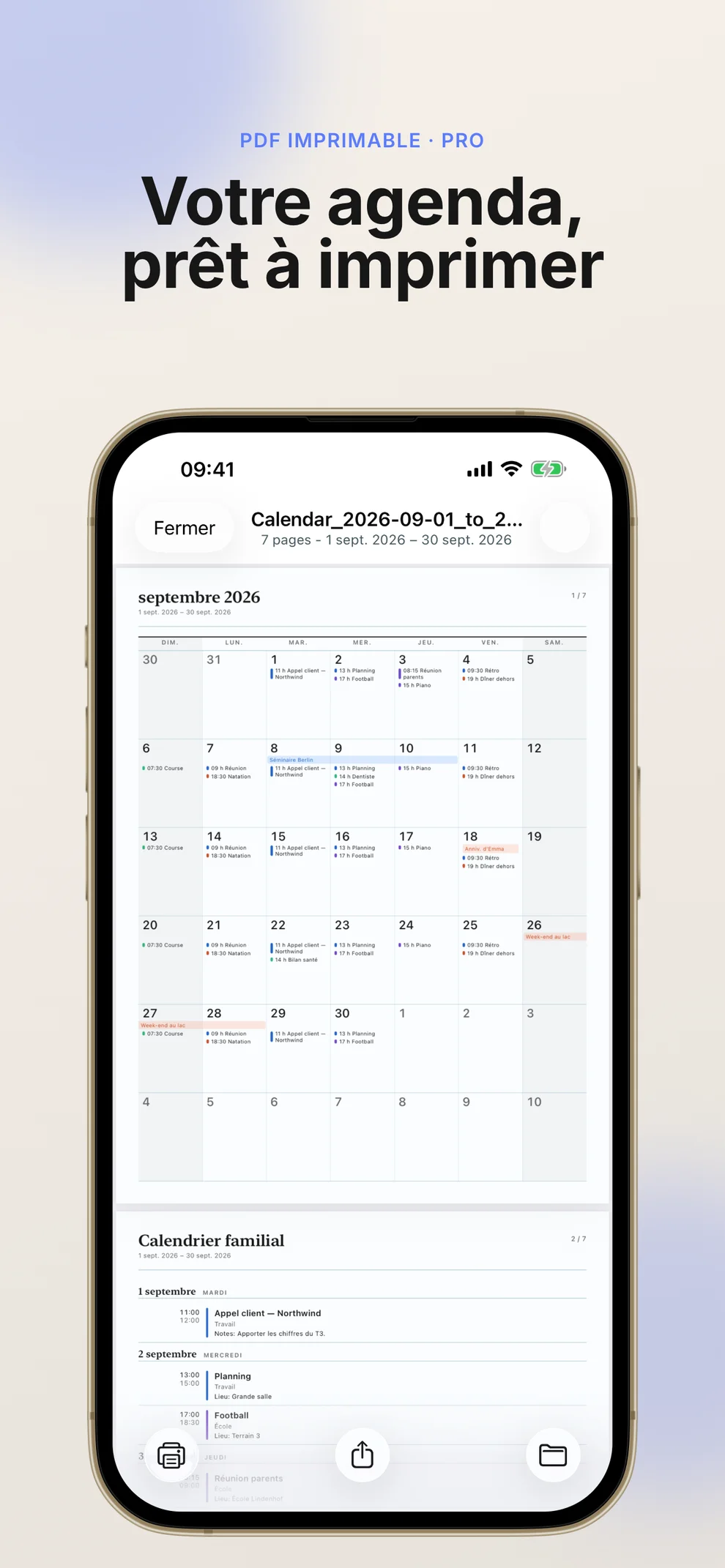 Print Calendar PDF app screenshot showing a printable calendar PDF preview