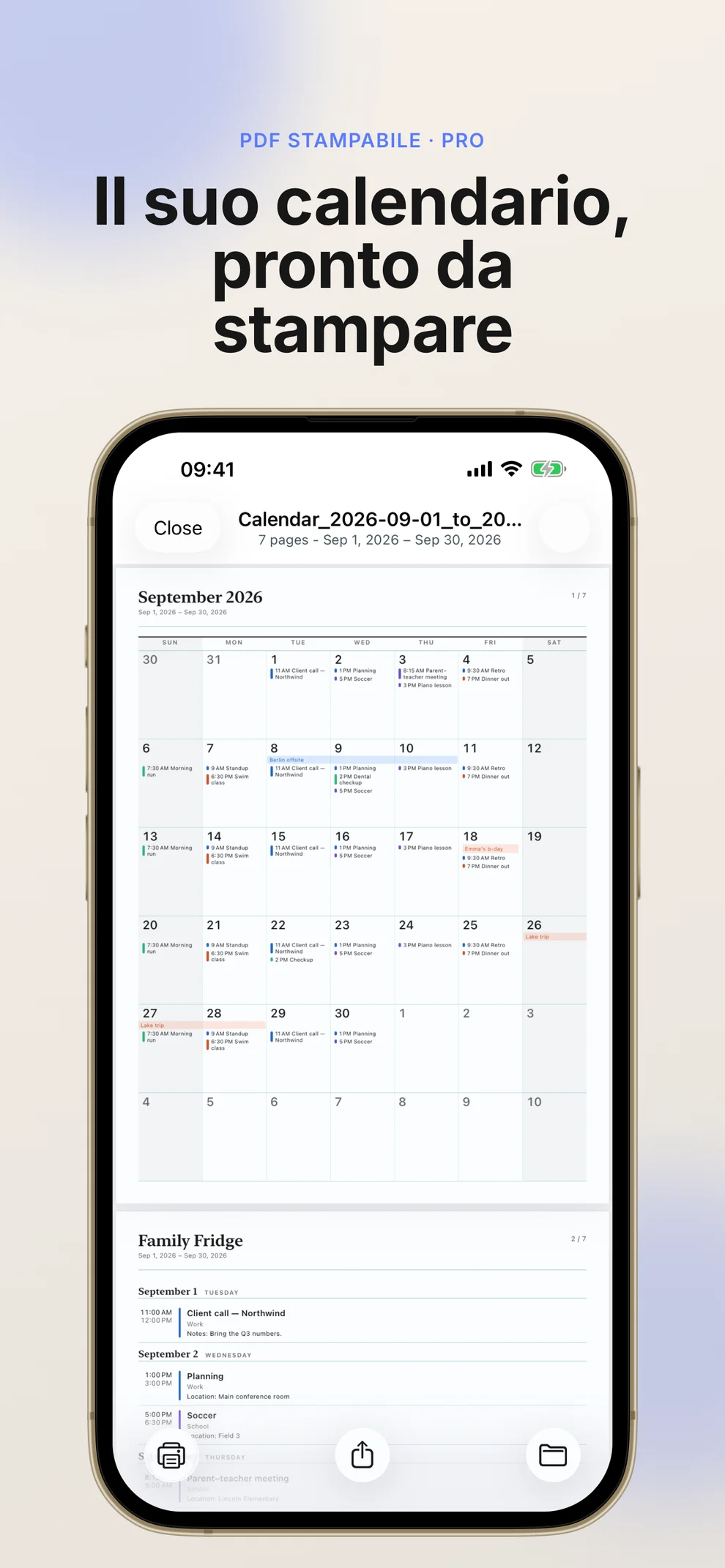 Print Calendar PDF app screenshot showing a printable calendar PDF preview