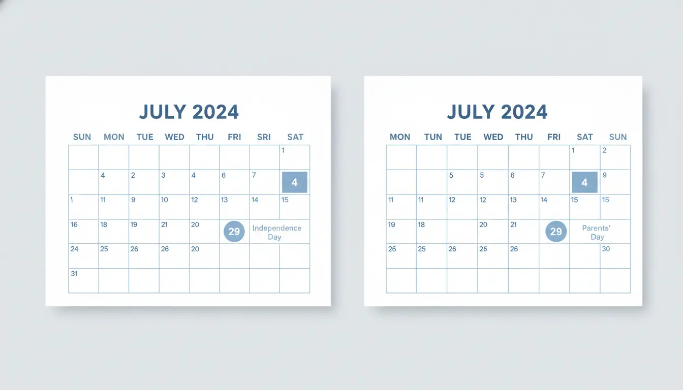 Printable calendar with holidays — Sunday and Monday start options