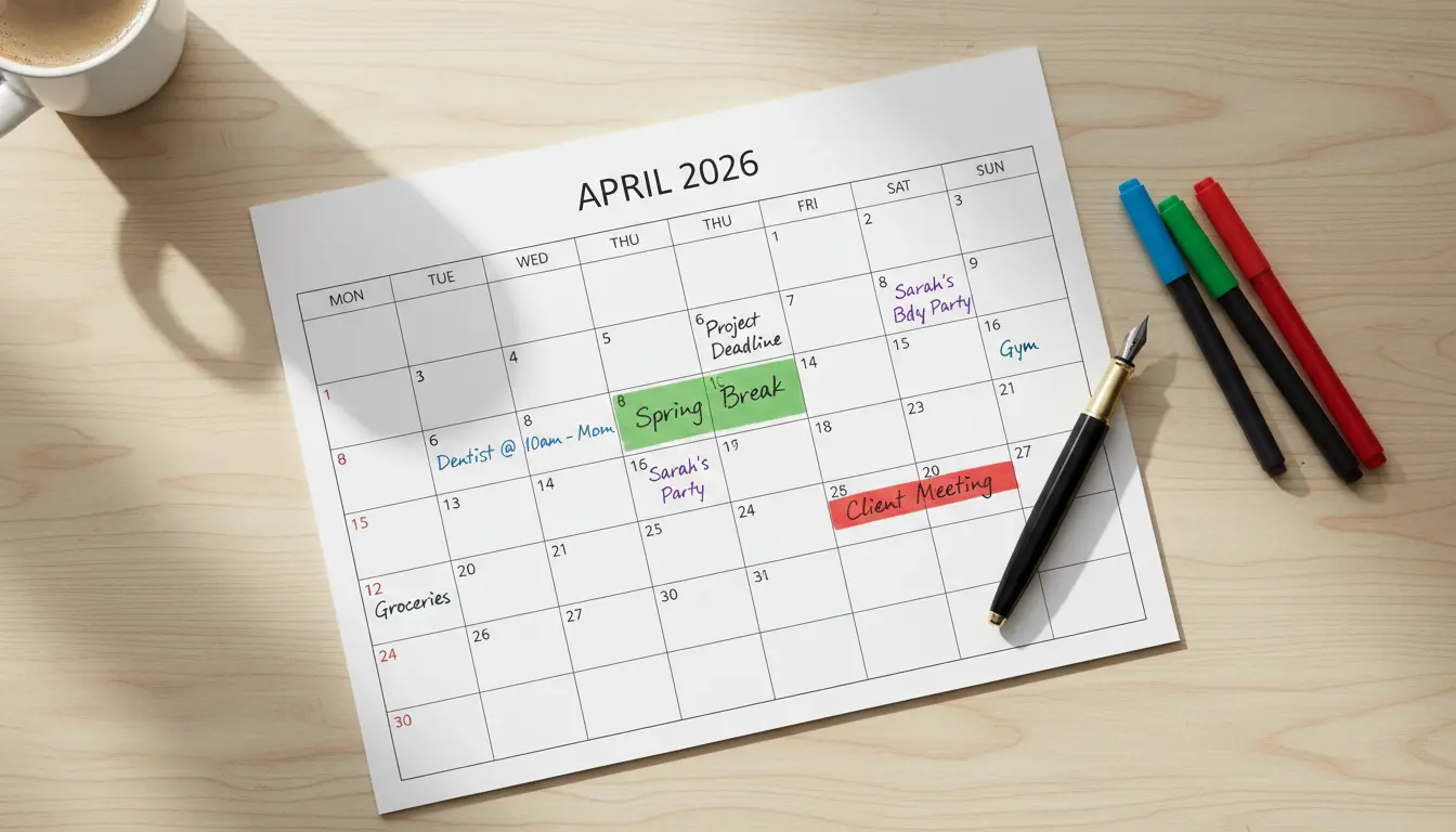 Printable monthly calendar layout on desk