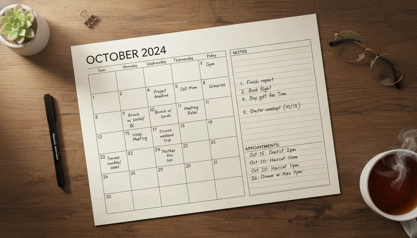 Printable monthly calendar with a lined notes area