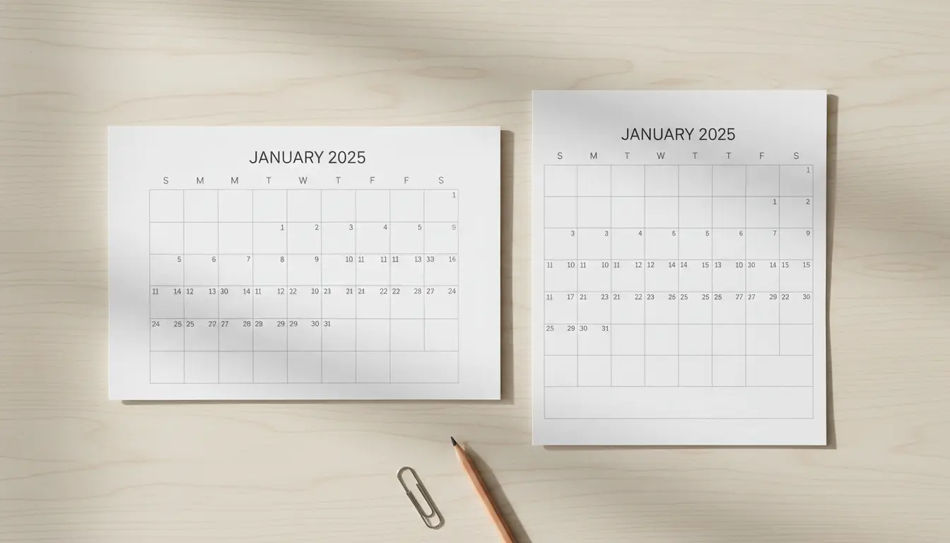 Printable monthly calendar in landscape and portrait orientations